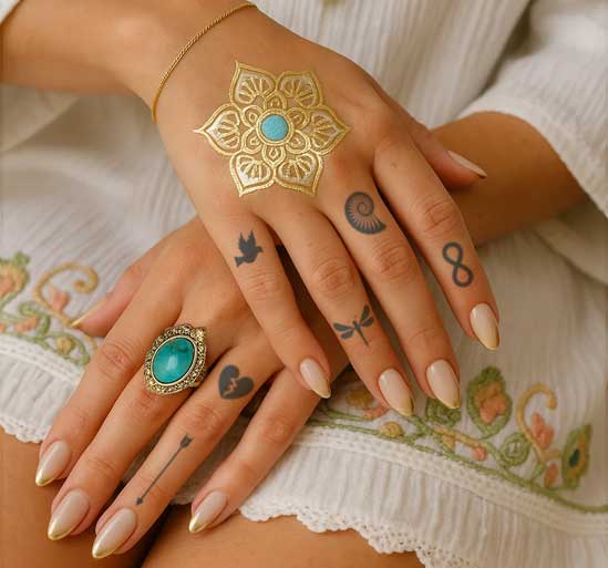 Tijdelijke tattoos op vingers en handrug van een vrouw